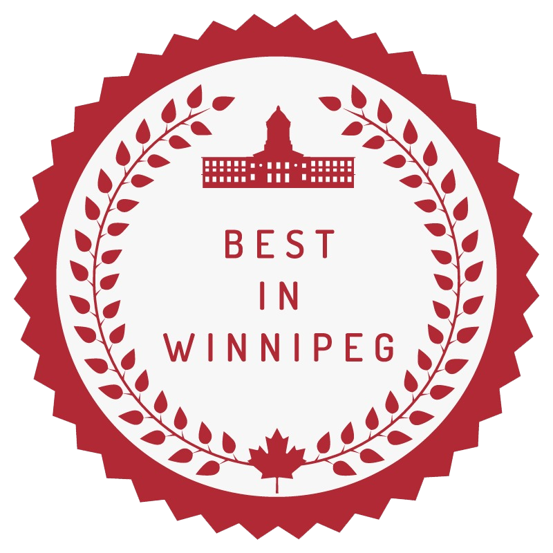 Award seal with text "Best in Winnipeg" and maple leaf.